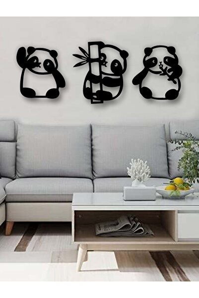 HomeJamin 3'lü Panda Duvar Dekoru Siyah Ahşap Tablo
