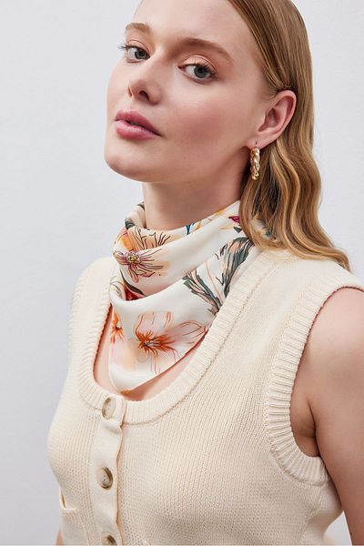 THE MOON Cream Colored Magnolia Flower Patterned Vegan Silk Bandana