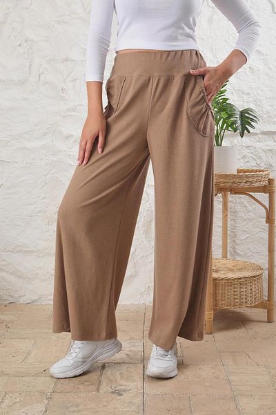CrazyShopping Yumoş Quality High Waist Pocket Wide Leg Women's Knitted Trousers