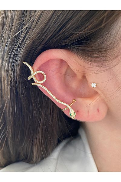 Pinery Jewels Emerald Stone Snake Brass Overlay Plated Women's Earcuff Cartilage Earrings