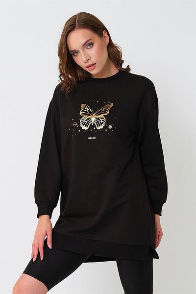 CrazyShopping Knitted Long Sweat Tunic - Crew Neck and Printed Design