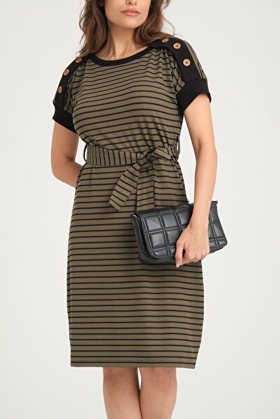 CrazyShopping Ριγέ Γυναικείο Φόρεμα - με Ζώνη και Λεπτομέρεια με Κουμπιά στους ώμους