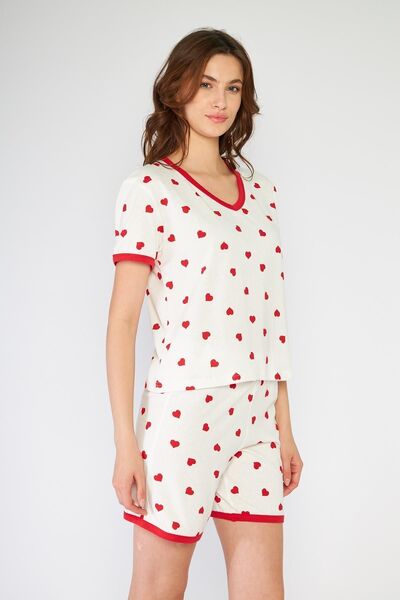 CrazyShopping Red Cotton Knitted - Women's Pajama Set with Heart Shorts