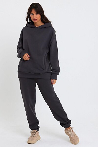 CrazyShopping Γυναικείο Σετ Φούτερ Fleece Oversize - Ελαστική μέση και πόδι, Τρεις κλωστές