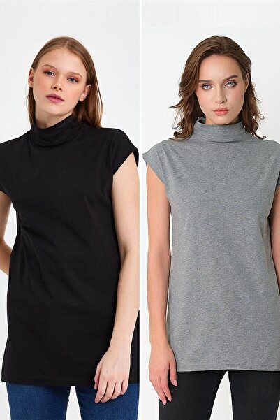 CrazyShopping Чорно-сіра туніка з високим коміром, без рукавів, з трикотажної...