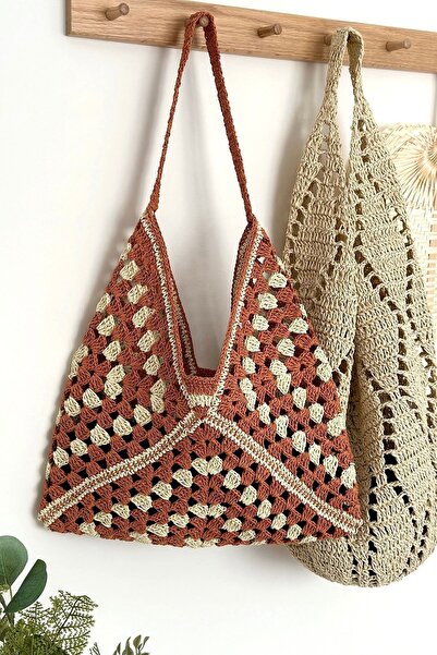 BECCASTYLE Hasır Omuz Çantası, Yazlık Çanta, Çizgili Çanta, Örgü Omuz Çantası...