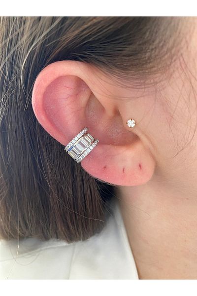 Pinery Jewels Baguette Stone Brass Overlay Plated Women's Earcuff Cartilage Earrings