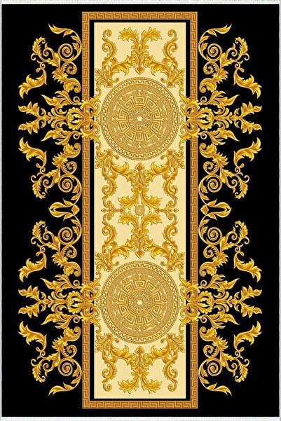 10 Post Online Gold Black Baroque Pattern - Non-Slip Round Oval Carpet, Thin Washable