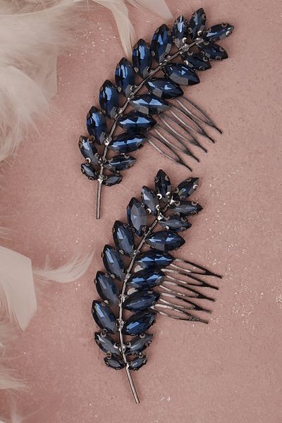 Hayalperest boncuk Elegant Bridal Wedding Hair Accessory - Virgo Model, Navy Blue