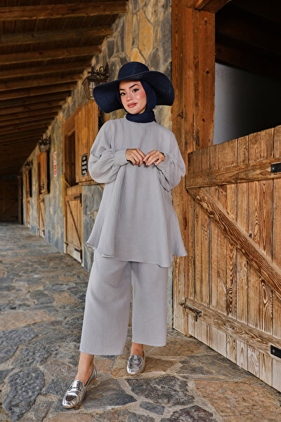 Moda Lippa طقم موسلين رمادي كاجوال