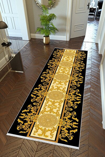 10 Post Online Gold Black Baroque Pattern - Non-Slip Round Oval Carpet, Thin Washable