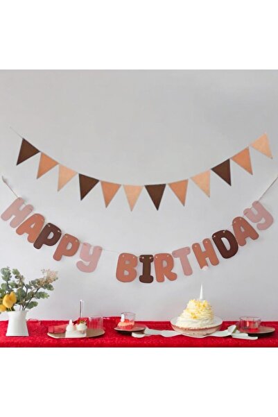 Partifabrik Happy birthday Kahveli Retro Tonlar Yazı ve Üçgen Süs Seti