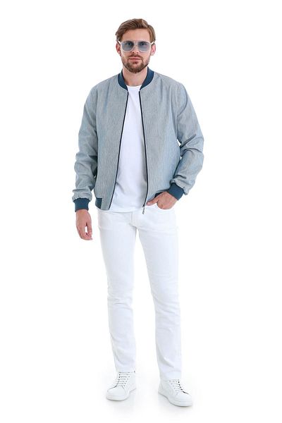 Hatemoğlu Navy Blue Slim Fit Striped Seasonal Coat