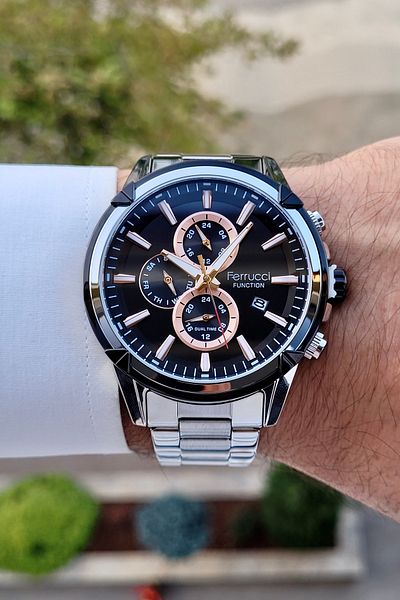 Ferrucci Men's Black Silver Colored Wrist Watch - Active Inner Gauges and Gift Package