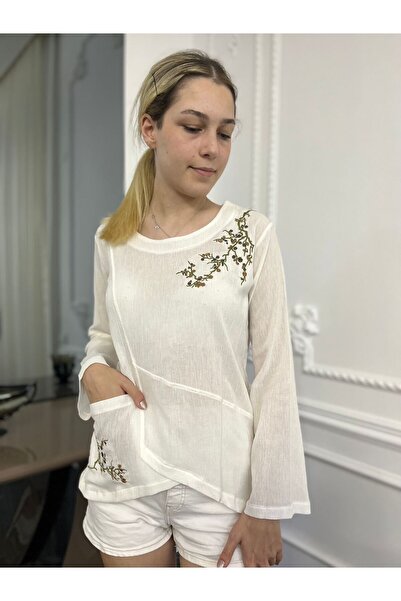 Bohemian Otantik Nakışlı Uzun Kollu Organik Pamuk Bluz