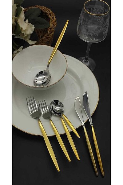 BRONDOFF Lisbon 84 Piece 24K Gold Cutlery Set