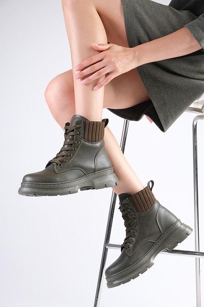 Mio Gusto Frieda Khaki Green Color Lace-Up Women's Boots