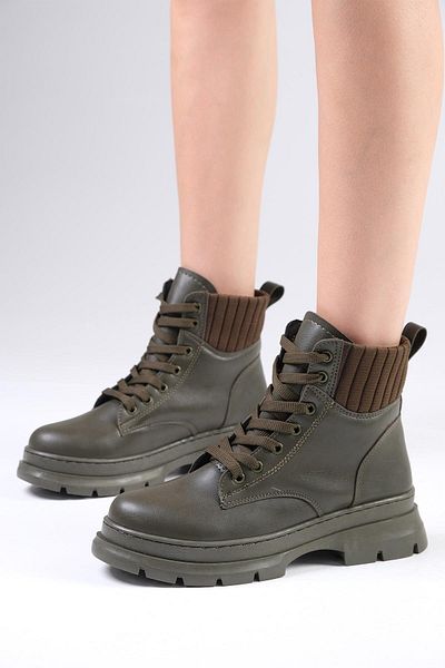 Mio Gusto Frieda Khaki Green Color Lace-Up Women's Boots