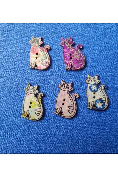 İMREN AKSESUAR 3 Cm Cat Wooden Button - Two Holes, Mixed Colors, 1 Pack of 5 Pieces