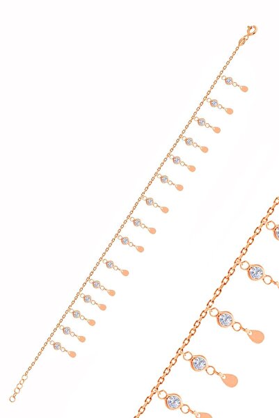 Söğütlü Silver Gümüş Rose Zirkon Taşlı Çift Sıra Damla Pullu Halhal