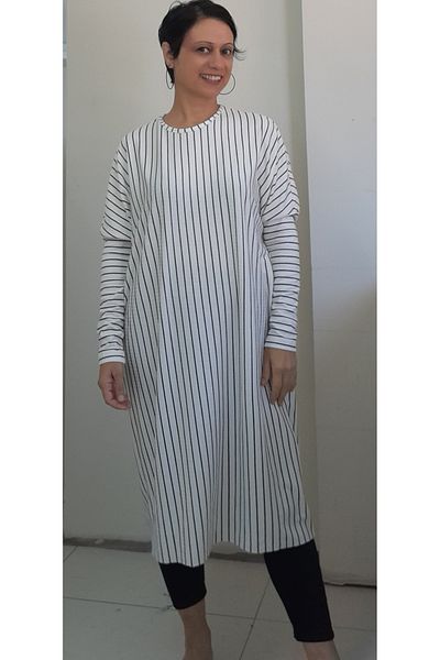 Mertcan Butik Tunica Hijab din Viscoza cu Maneca Liliac Alb Negru