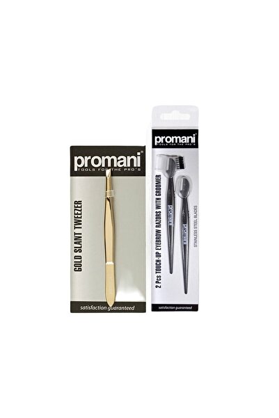 Promani Altın Eğik Uçlu Cımbız + 2'li Kaş Usturası