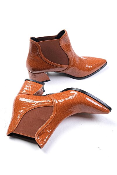 Mio Gusto Maggie Taba Renk Krokodil Desenli Lastikli Kadın Topuklu Bot