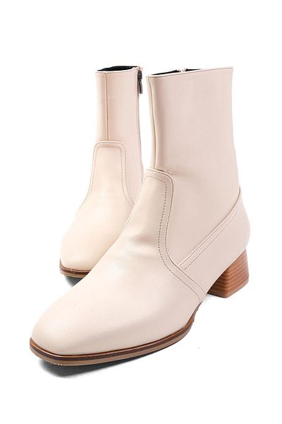 Mio Gusto Callie Beige Women's Heeled Boots - Thin Fur Lined, Side Zipper, Blunt Toe