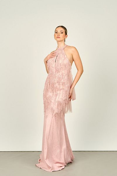 ÖMÜR INN Ömür Inn Fish Form Halter Collar Evening Dress - Bead Embroidered, Back Detail, Powder 4298
