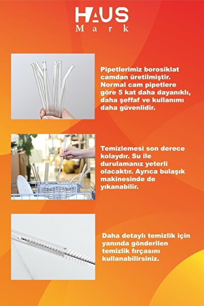 HAUSMARK 4 Adet Düz Cam Pipet 13cm, 1 Adet Temizleme Fırçası, 1. Kalite termosilikat borosilikat kahve bardak