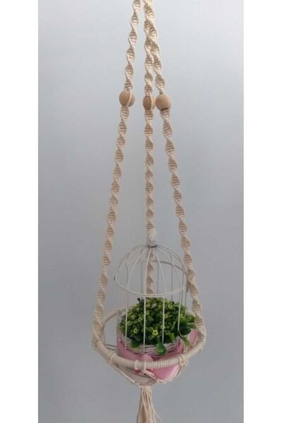 MİN & MİND Duvar Ve Balkon Süsleme 3 Büküm Ekru Makrome Tekli Saksılık (MAKROME ÇİÇEKLİK)