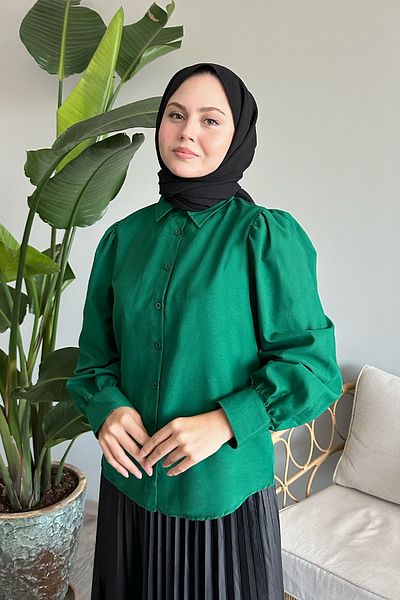 InStyle Casual σμαραγδένιο μπαλόνι πουκάμισο με μανίκια