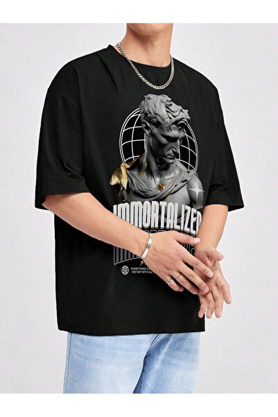 DogFish Tricou negru unisex oversize imprimat