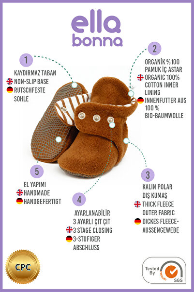 Ella Bonna Podšité organickou bavlnou proti pocení – dětské botičky s protiskluzovou podrážkou a domácí botičky İlkadım