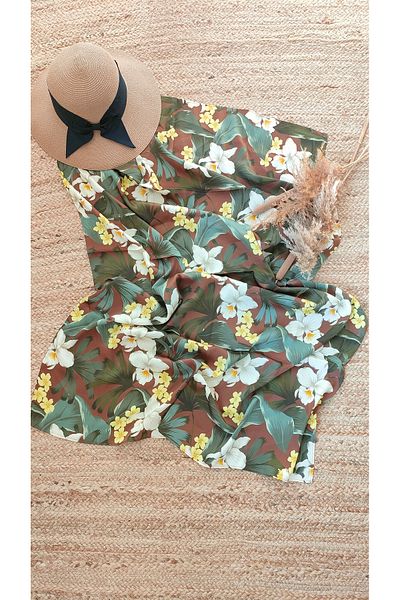 Mia Pera Floral Shiny Printed Satin Fabric with Brown Background