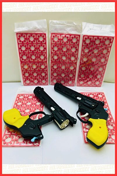 AE Market 2 Adet Büyük Oyuncak Plastik Kovboy Tabancası Yanında 2 Adet 18 X8li Fişek Kapsül