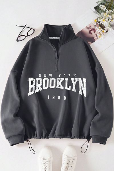 MODAGEN Каменносив суитчър с щампа Brooklyn - яка с половин цип