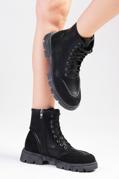 Mio Gusto Samantha Black Color Lace up and Zippered Thick Sole Women's Boots
