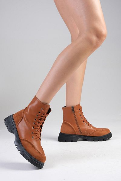 Mio Gusto Samantha Tan Color Lace-Up and Zippered Thick-Soled Women's Boots