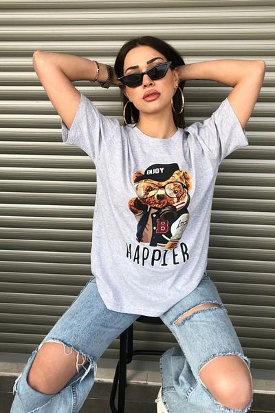 hello tekstil Beige Colored Women's Oversize Printed T-shirt - Happier