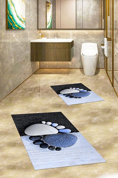 EY HOME Set de scaune de toaletă dublă pentru baie, imprimată 3D, lavabilă, cu model de amprentă, KLOZET-17-ALBASTRU,