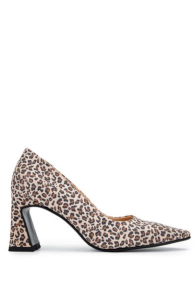 Tamer Tanca Genuine Leather Leopard Patterned Women's Heeled Shoes