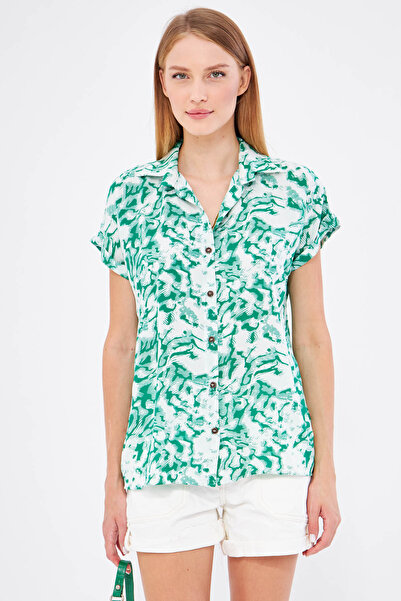 armonika Grass Green Patterned Women's Shirt - Short Sleeve, ARM-22Y 001052