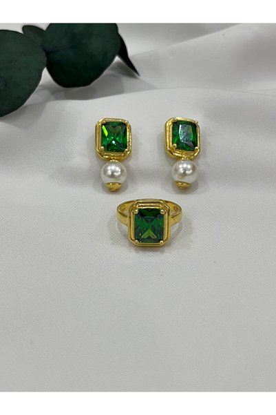 DURAN TAKI TASARIM Zümrüt Taşlı Altın Kaplama Gümüş Set