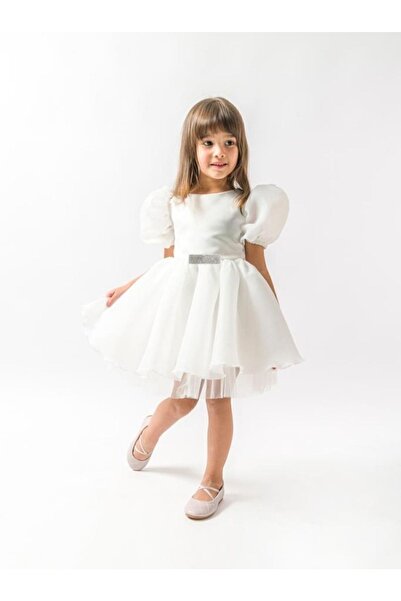 Nehirim Kids Tüllü Ve Saten Kız Çocuk Yazlık Beyaz Doğum Günü Özel Gün Düğün Abiyesi ( 2-3-4-5 Yaş )