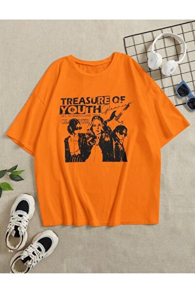 DEZZİİ Πορτοκαλί ομαδικό εμπριμέ γυναικείο μπλουζάκι Oversize