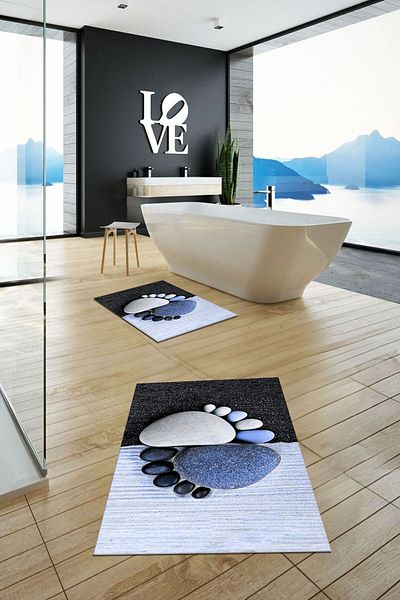 EY HOME Set de scaune de toaletă dublă pentru baie, imprimată 3D, lavabilă, cu model de amprentă, KLOZET-17-ALBASTRU,
