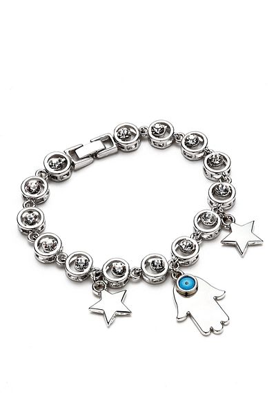 Modex Silver Color Fatma Mother's Hand Figured Stone Bracelet (18cm)