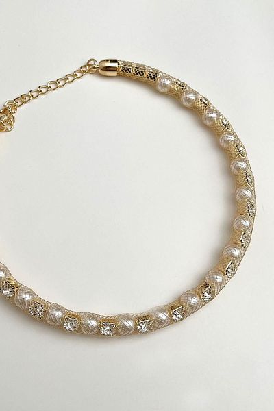 Modex Wicker Wire Detailed Pearl Stone Row Choker Necklace