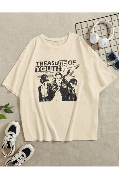 DEZZİİ Μπεζ Oversize Tshirt - Group Women Printed